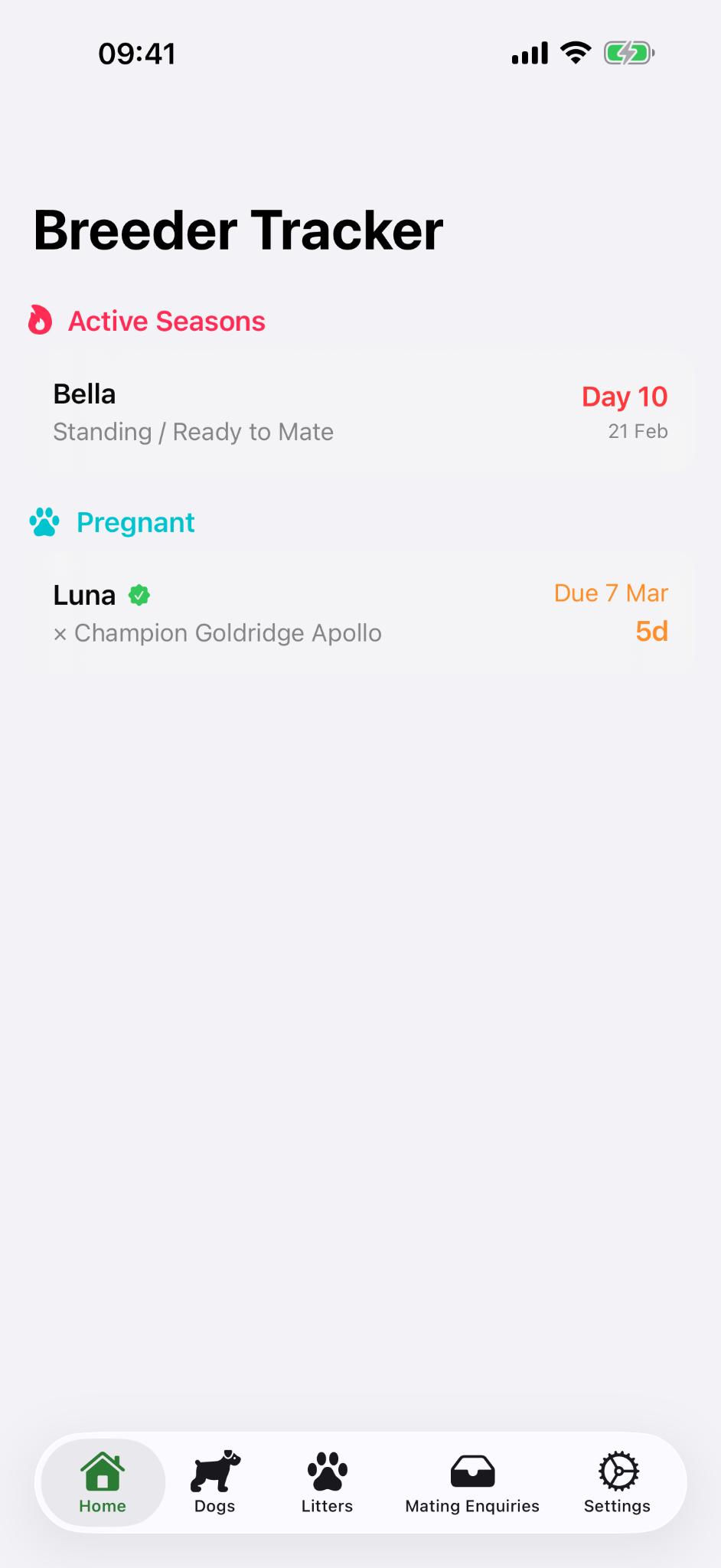iPhone dashboard showing active seasons and pregnant litters.
