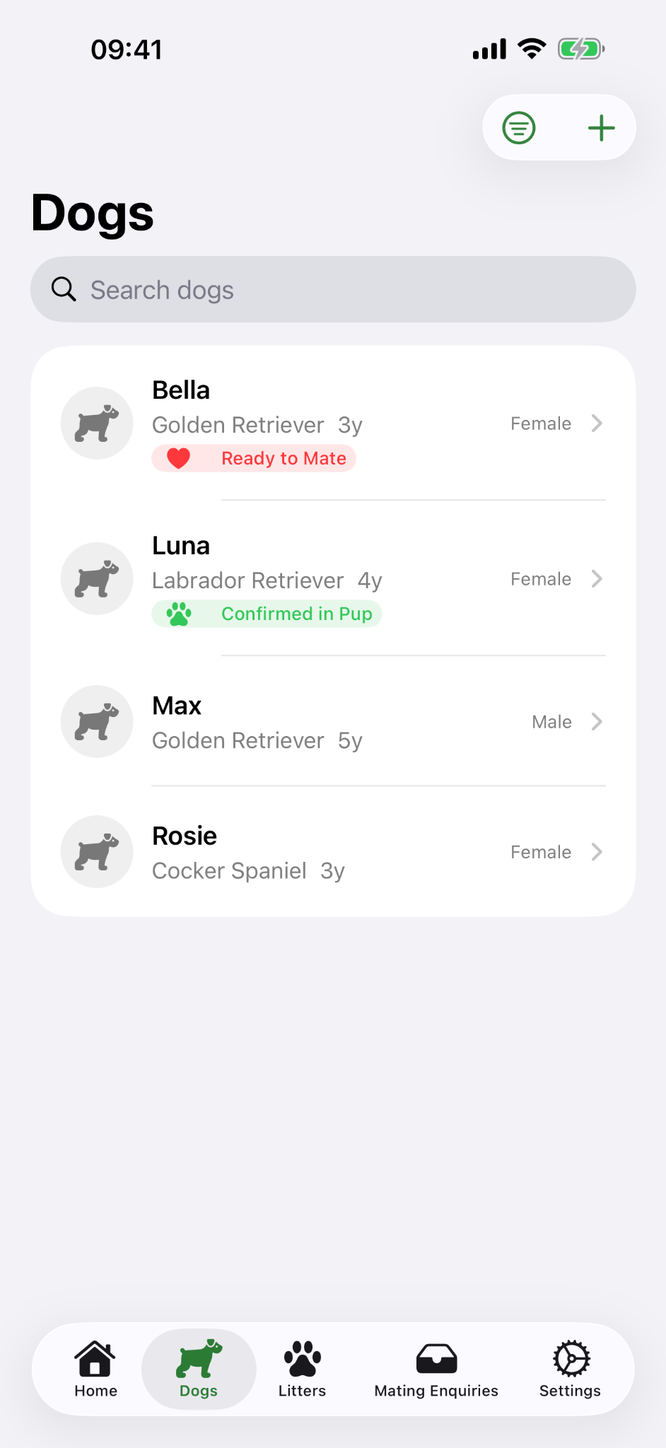 Dog list on iPhone.