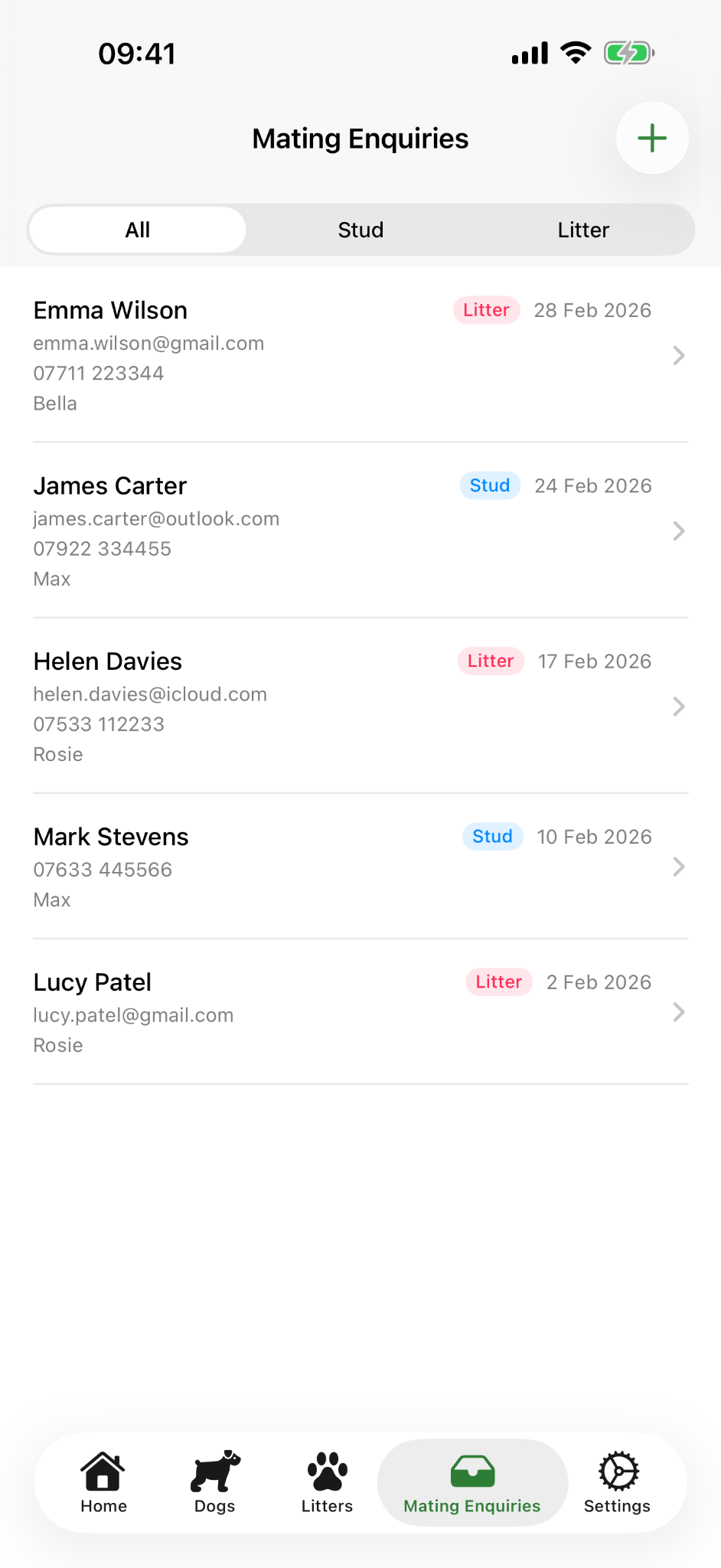 Mating enquiries screen on iPhone.